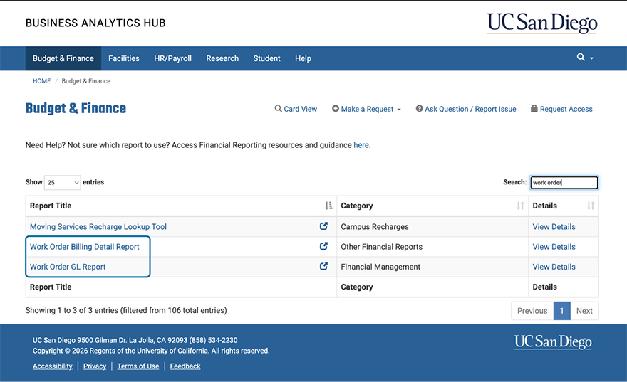 Business Analytics Hub "work order" search results